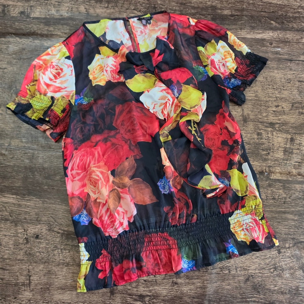 TED BAKER Floral Blouse Womens 4 Black Red Rose Print Ruffle Smocked Hem Top